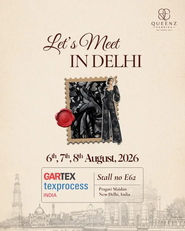 Queenz Fabrica invitation to Gartex Texprocess India, 6 to 8 August 2026, Stall E62, Pragati Maidan, New Delhi