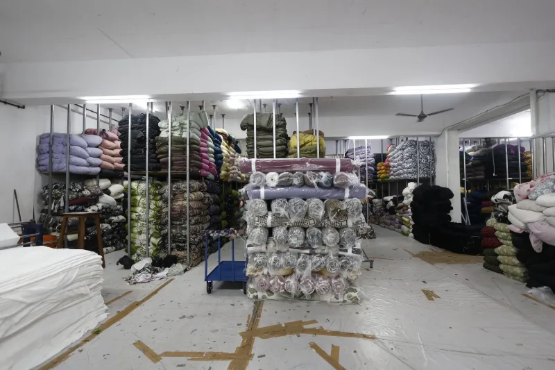 Finished fabric stock at the Queenz Fabrica unit in Surat