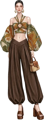 Styling sketch: Leaf print halter crop top with balloon sleeves